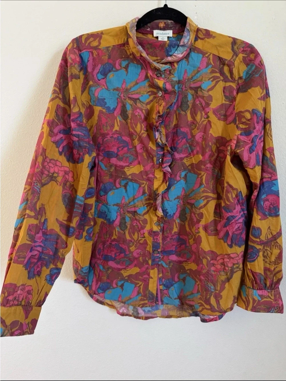 Sundance Yellow Blue Floral Ruffle cotton Button Up Top Size M
